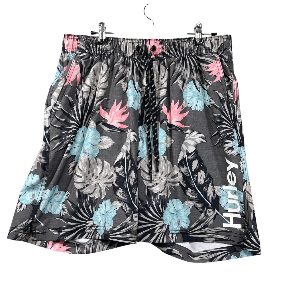 Hurley Board Shorts‎ Mens Large Grey Tropical Floral Palm Leaf Swim Trunks 7"